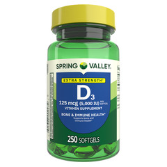 Spring Valley Extra Strength Vitamin D3 Softgels, 125 mcg (5000 IU), 250 Count,