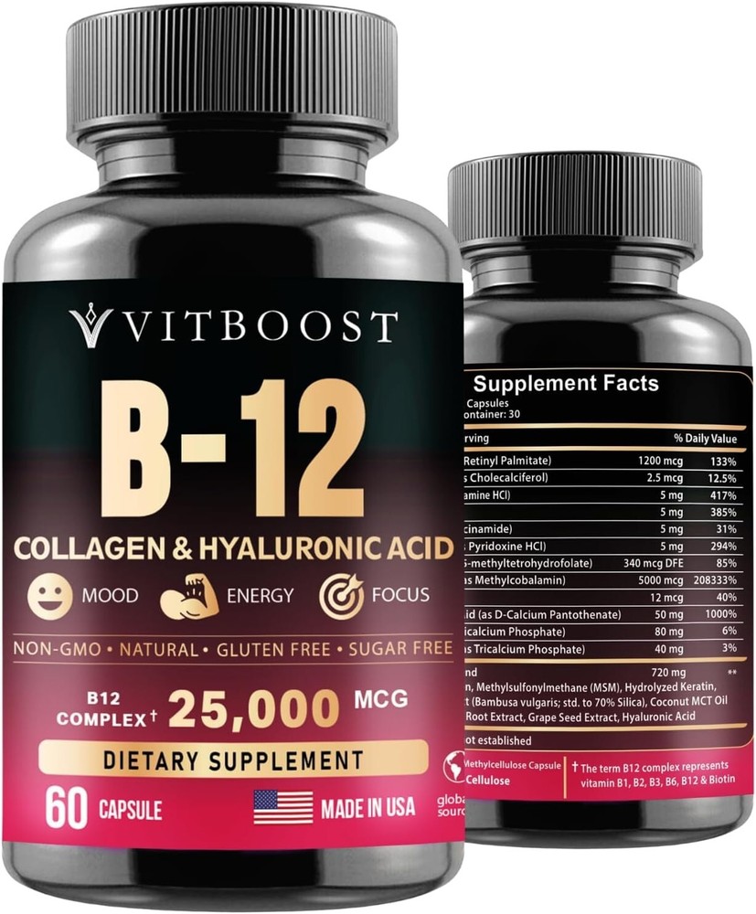 VITBOOST B12 with Hyaluronic Acid Collagen and Folate – 25000 mcg B12 Methylc