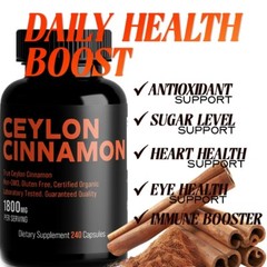 True Ceylon Cinnamon 1800mg | Organic | 240 Capsules | High Potency | Free Ship