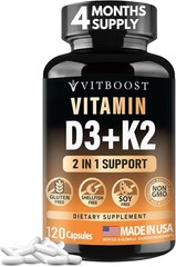 VITBOOST Vitamin D3 K2 5000 IU MK-7 120 Capsules Non GMO Gluten Free