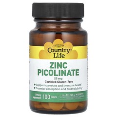 Country Life Zinc Picolinate 25 mg 100 Tablets Gluten-Free, GMP Quality Assured