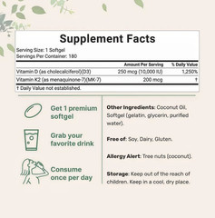 Vitamin D3 10000 iu Plus 300 (MK-7) 200 mcg, K2 Virgin Coconut Oil Softgels