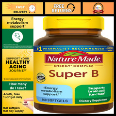 Super B Complex Vitamins for Energy Metabolism Support – 160 Gluten Free Softgel