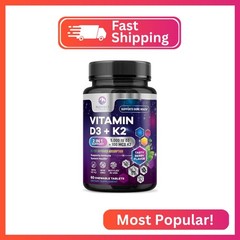 Vitamin D3 K2 – 5000 IU Vitamin D3 & 100 mcg Vitamin K2 MK-7 per Serving – Bone,