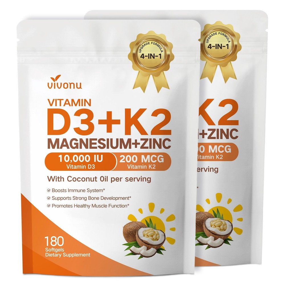 VivoNu 4-in-1 Vitamin D3 K2 10,000 IU Magnesium Zinc Citrate Supplement Softgels