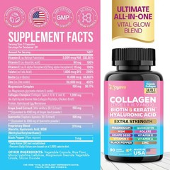 Beauty Collagen Complex Type I II III V X Biotin Keratin 90 Caps Made in USA