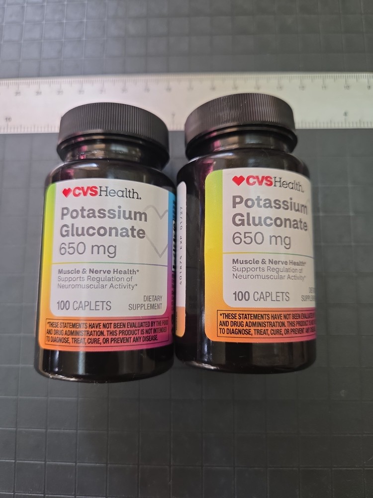(2) CVS Potassium Gluconate 650mg 100 Caplets exp 1-27 Dietary Supplement