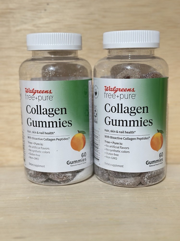 2-Walgreens Collagen 60 Gummies Natural Peach HAIR SKIN NAIL HEALTH GLUTEN FREE