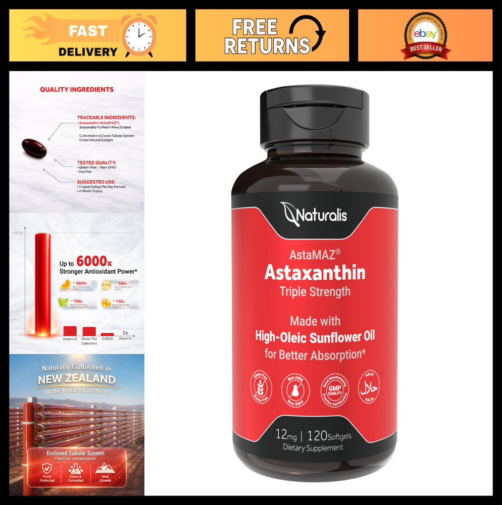 Astaxanthin 12mg Softgels – 120 Count, Triple-Strength Antioxidant, 3-Month Supp