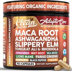 Clean Nutra Organic Maca Root Capsules + Ashwagandha, Slippery Elm, More – 90ct.