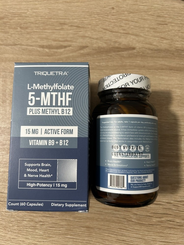 Triquetra L-Methylfolate 5-MTHF Plus Methyl B12 Supplement 15mg 60 Capsules New