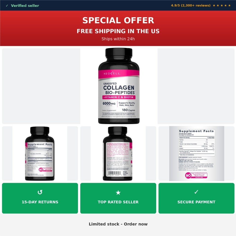 NeoCell Collagen Peptides Tablets | 180 Count | With Vitamin C & Biotin