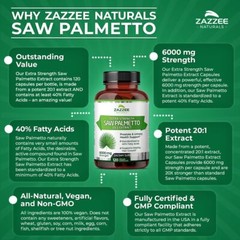 Zazzee Extra Strength Saw Palmetto 201 Extract 6000 mg Strength 40% Fatty Aci…