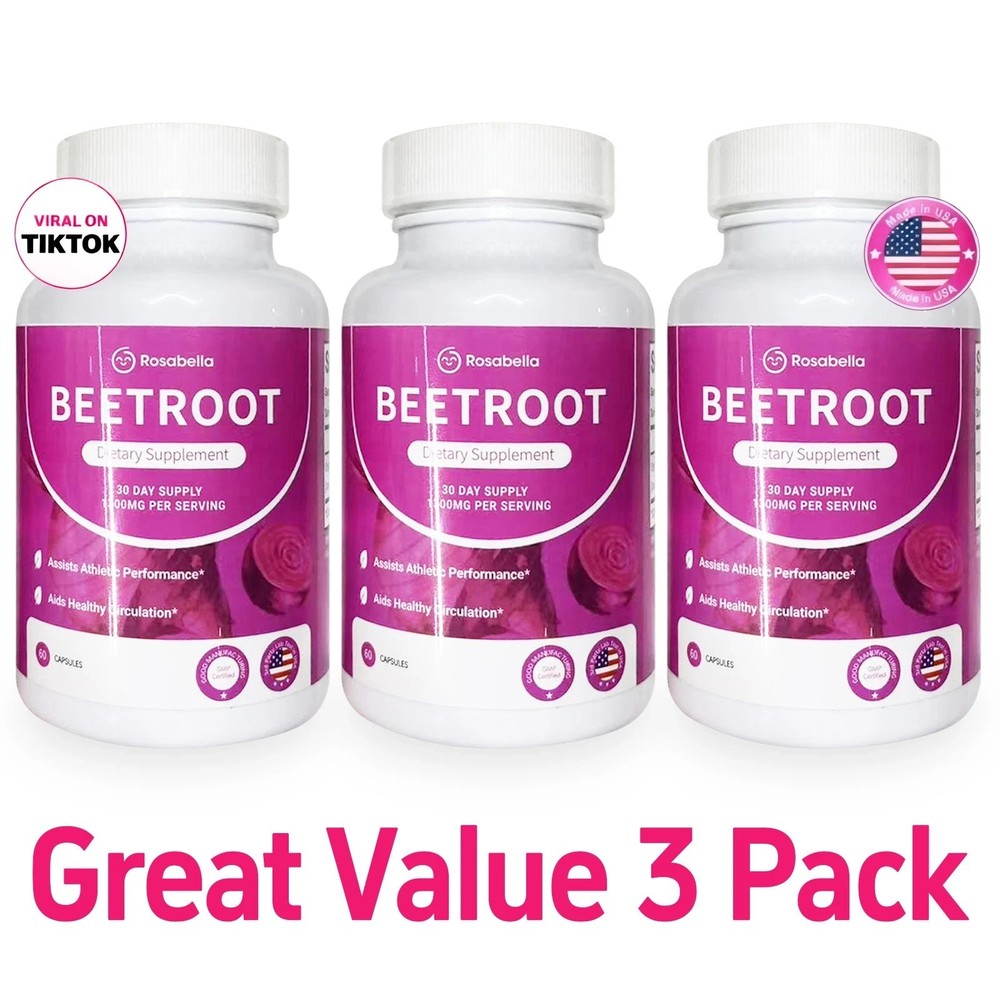3PCS Rosabella Organic Beet Root 60 CapsulesNatural Energy Boost Blood Pressure*