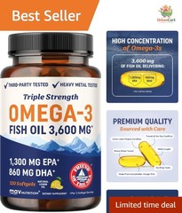 Burpless Fish Oil Omega 3 with Lemon Oil – 3600 mg EPA & DHA Softgels, 120 Count