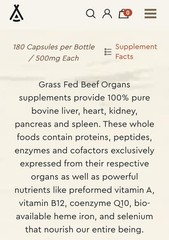 Ancestral Supplements – Grassfed Beef Organs 500mg – 180 Caps – Exp 09/27