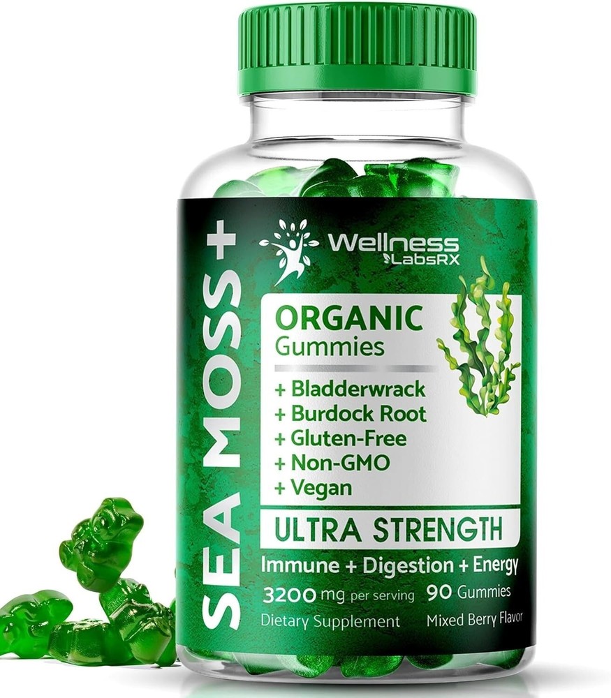 Sea Moss Gummies Organic 3200mg Bladderwrack Burdock Root Vegan 90 Count