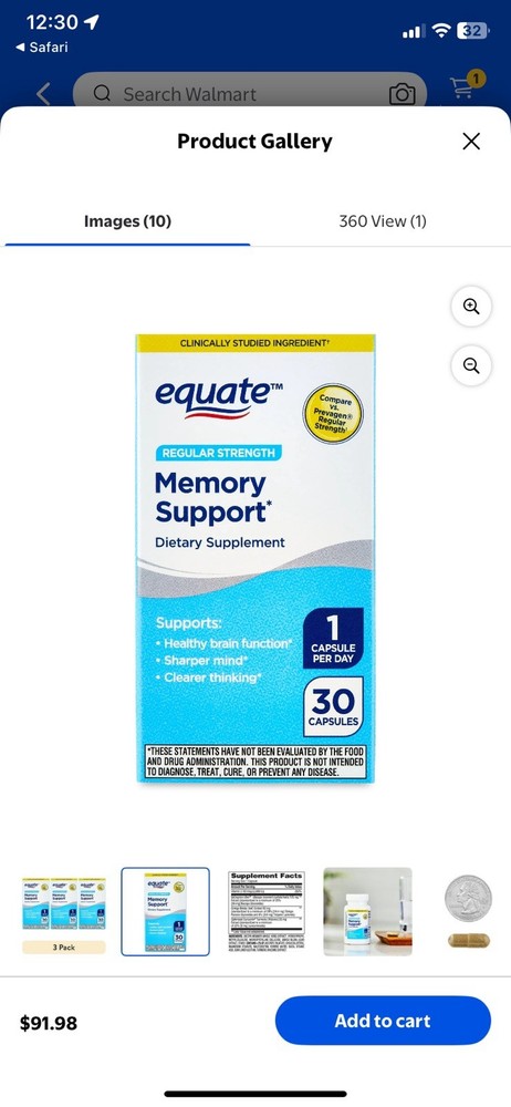 EQUATE MEMORY SUPPORT REGULAR STRENGTH 30 CAPSULES Compare To Prevagen~Exp10/27