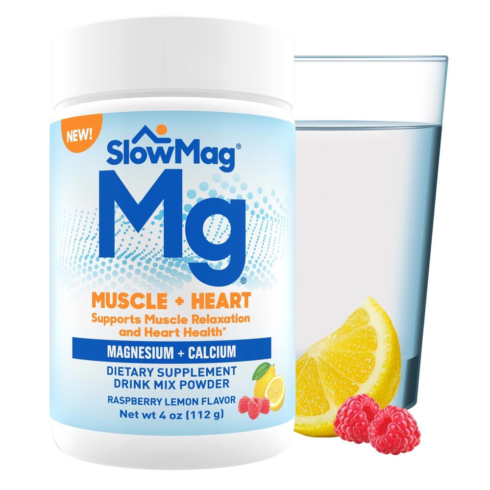 SlowMag Muscle Heart Magnesium Calcium Supplement Raspberry Lemon Flavor 4oz