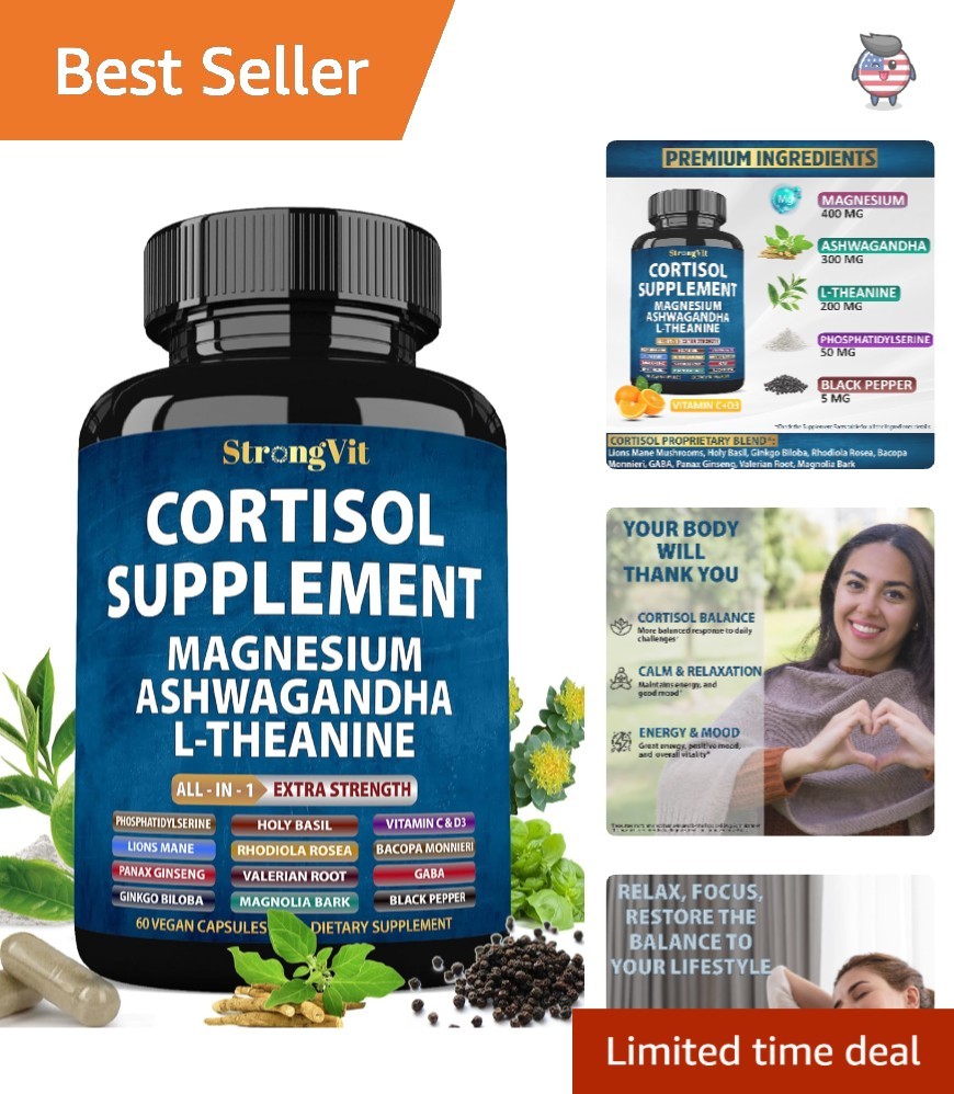 Natural Cortisol Management – Magnesium, Ashwagandha, & L-Theanine – 60 Capsules