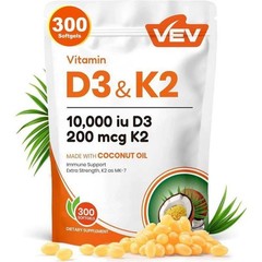 VEV D3 K2 10000 IU Softgels with Coconut Oil, 2-in-1 Vitamin Support 300 Ct