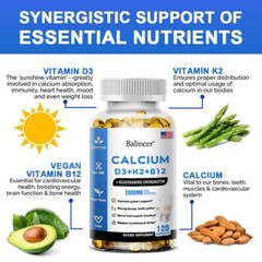 Calcium Capsules w/ D3+K2+B12 Support Bones Muscles Health Immune System 120Caps
