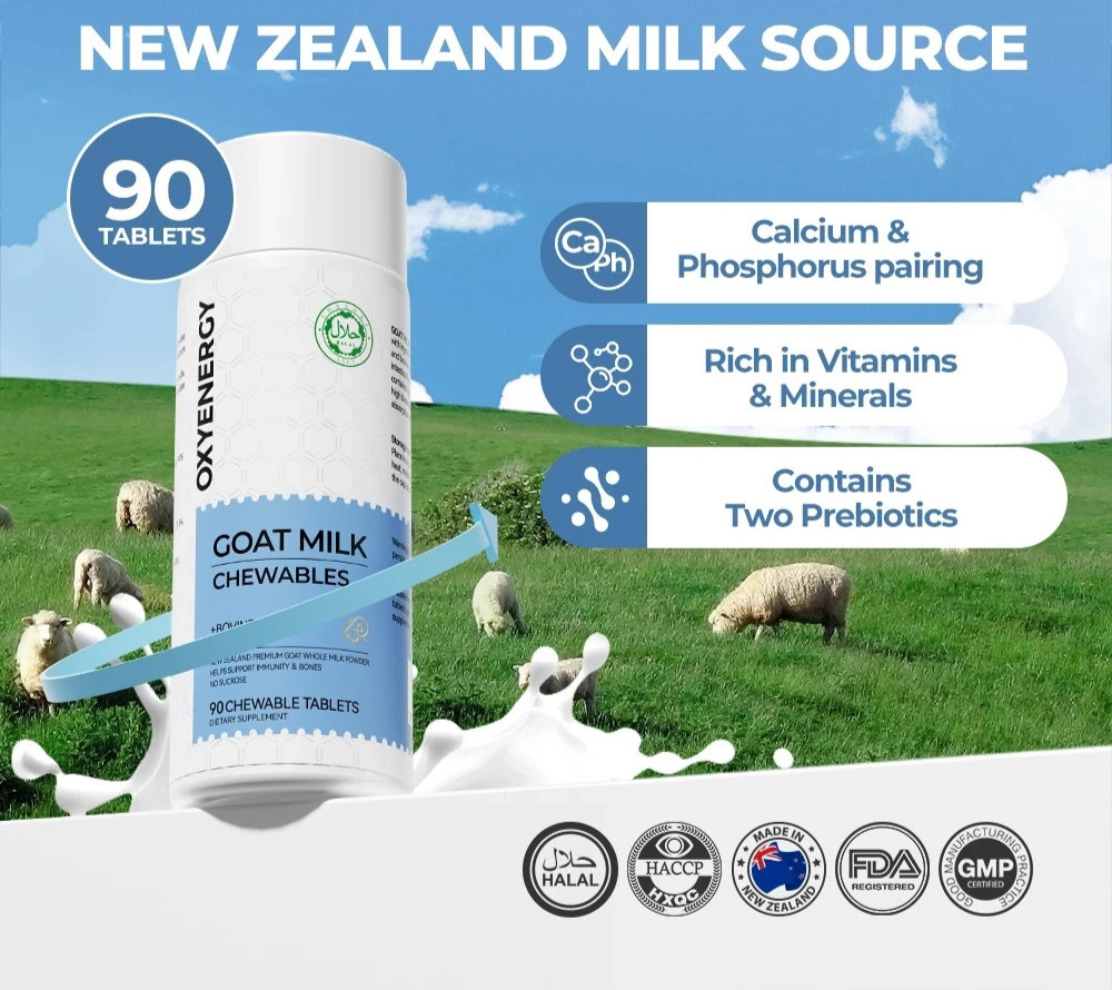 2 X 90s Oxyenergy Goat Milk Chewables Calcium Vitamins Prebiotic HALAL MALAYSIA