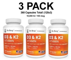 Dr. Berg’s D3 & K2 Vitamin, 3 PACK, 10,000 IU, 100 mcg per serving, 120 Capsules