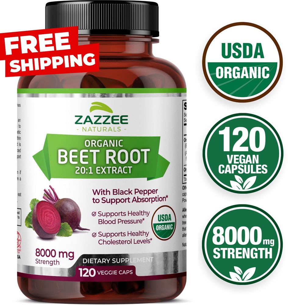 USDA Organic Beet Root 8000 mg Strength 20:1 Extract, 120 Vegan Capsules, Kosher