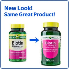 Spring Valley Biotin 5000 mcg Softgels, Hair Skin & Nails Support, 240 Count