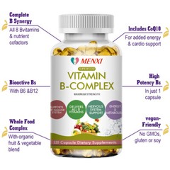 Vitamin B Complex Supplement, 60 Capsules High Potency for Energy & Immunity