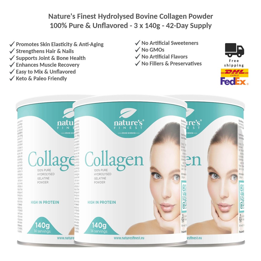 Nature’s Finest Hydrolysed 100% Collagen Powder – Pure & Unflavored 3x140g