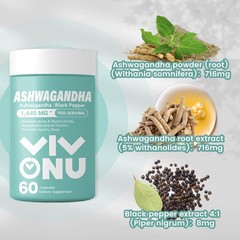 VivoNu Ashwagandha Black Pepper Capsules 60ct Immune Support Mood Sleep Health