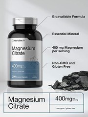 Magnesium Citrate 400mg | 200 Caplets | Vegetarian, Non-GMO | by Horbaach
