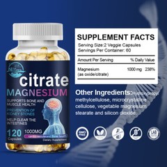 Magnesium Citrate 1000mg Per Serving 60 Servings Total/120 Capsules Total by NL