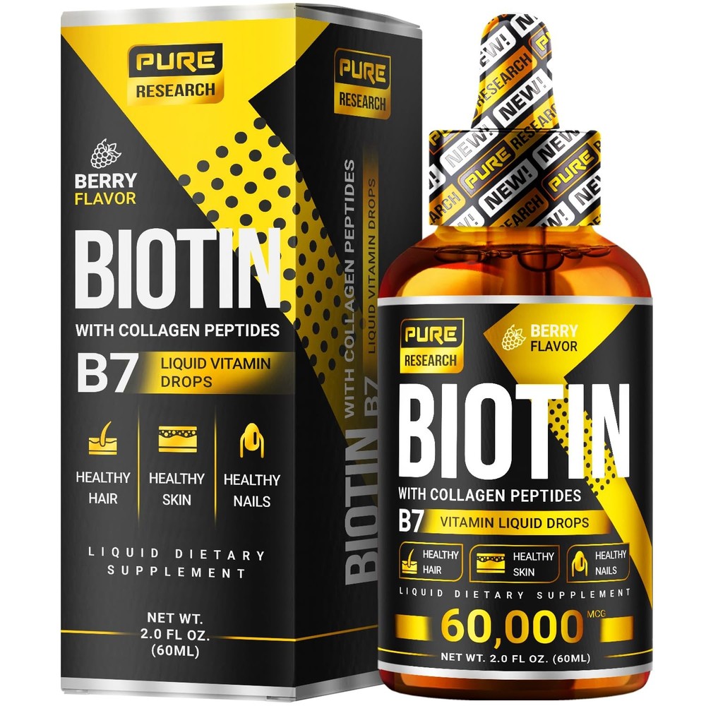 PURE RESEARCH Liquid Biotin & Collagen Hair Growth Drops 60,000mcg – Biotin a…