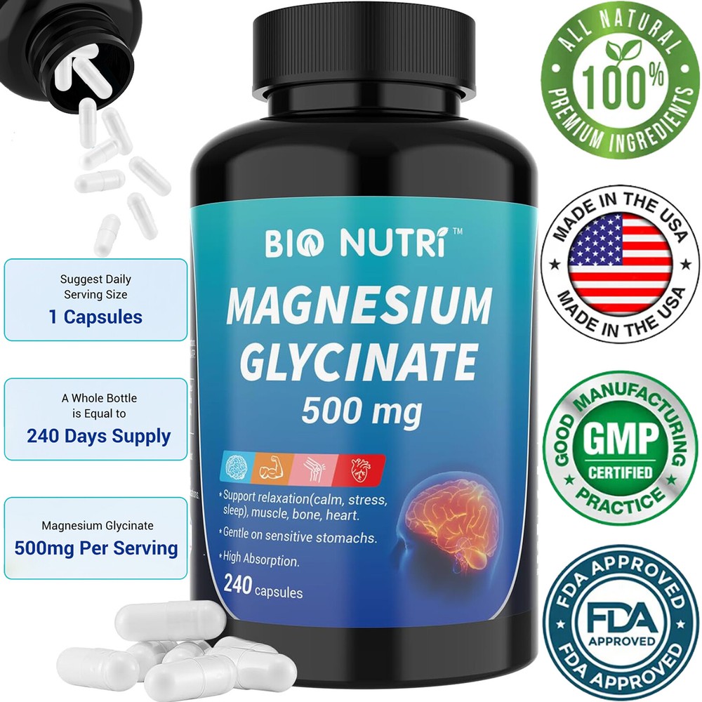 Magnesium Glycinate 500mg – 240 Capsules For Sleep, Stress Relief Support Bone