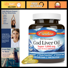 Premium Cod Liver Oil Softgels – 1000 mg, 250 mg Omega-3s, 400 IU Vitamin D3, 10