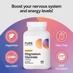 PureFormulas Magnesium Glycinate 100 mg Daily Support for Stress, Nerves, Sle…