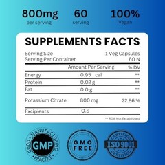 Potassium Citrate 800mg High Absorption Electrolyte Supplement 60 Caps