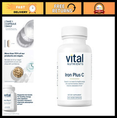 Vegan Iron Supplement 20mg with 200mg Vitamin C – Boost Energy, Non-GMO, 100 Cap