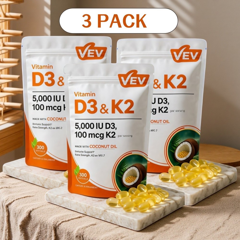 3PCS VEV D3 K2 10000 IU Softgels with Coconut Oil, 2-in-1 Vitamin Support 300 Ct