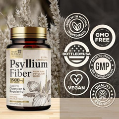 High Absorption Psyllium Husk Capsules 1500mg Daily Fiber Supplement, Psyllium
