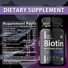 Biotin 15000mcg – MSM, Collagen, Keratin – Anti-aging, for Hair, Skin & Nails