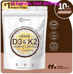 Vitamin D3 10000 iu Plus K2 (MK-7) 200 mcg, 300 Virgin Coconut Oil Softgels