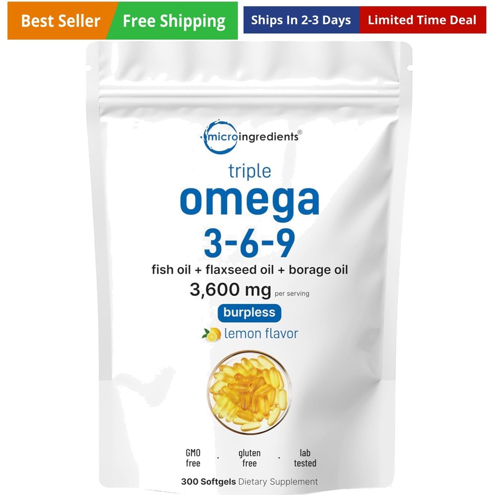 Ultra Omega 3-6-9 3600mg Per Serving, 300 Burpless Softgels | Lemon Flavor – …