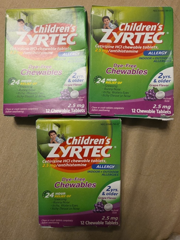 3x Children’s Zyrtec Chewable Tablets Grape 2 Years+ – 12 ct ea (36) – EXP 08/26