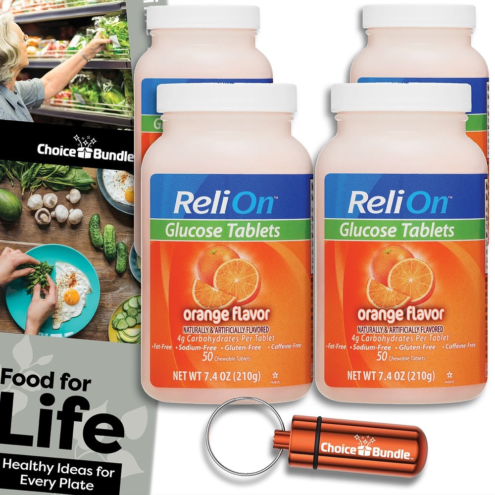 ReliOn Glucose Tablets Orange 50 Ct Each + Pill Container Guide 4 Pack