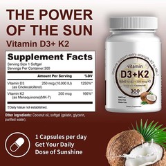 Vitamin D3+K2 MK7 IU – Strong Bones, Immune Support – with Coconut Oil 10000