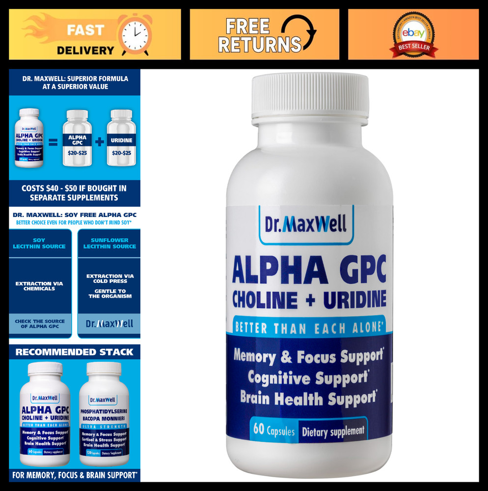 Alpha GPC 600mg + Uridine – Choline Enhancer, Soy Free, No Fillers, 60 Pills